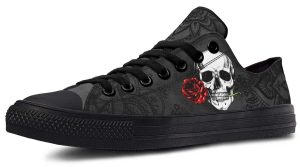 Skull & Rose Black Low-Top Sneakers | Edgy Streetwear Shoes